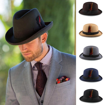 Men Wool Blend Classical Homburg Hats w/ Feather Band, Adjustable Size M-L